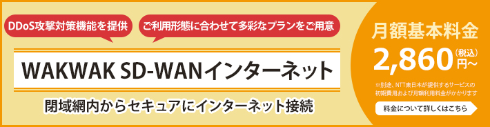 WAKWAK SD-WANインターネット DDoS攻撃対策機能を提供 ご利用形態に合わせて多彩なプランをご用意 閉域網内からセキュアにインターネット接続